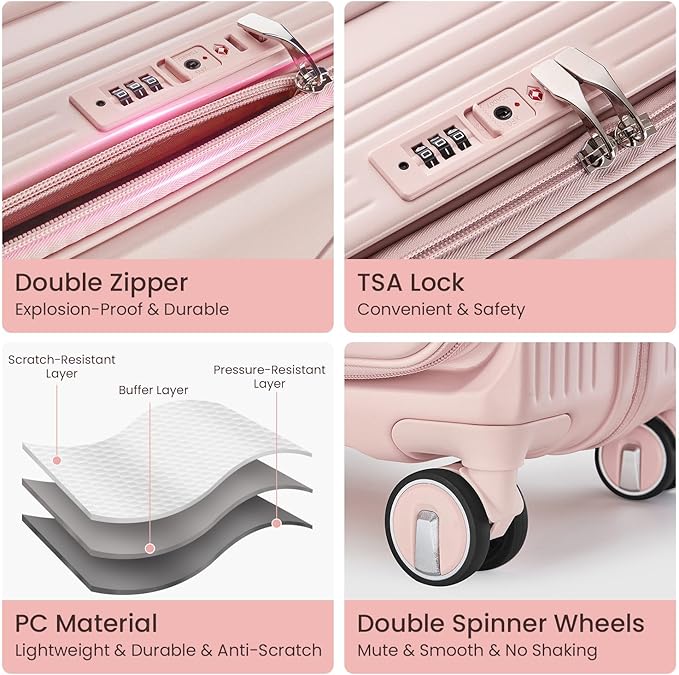 3 Piece Luggage Set 100% PC Hardshell, Front Opening Expandable Suitcase (20/24/28) with Laptop Compartment & Free Custom PVC Covers, Trunk Style Lightweight Spinner Wheels TSA Lock (Pink)
