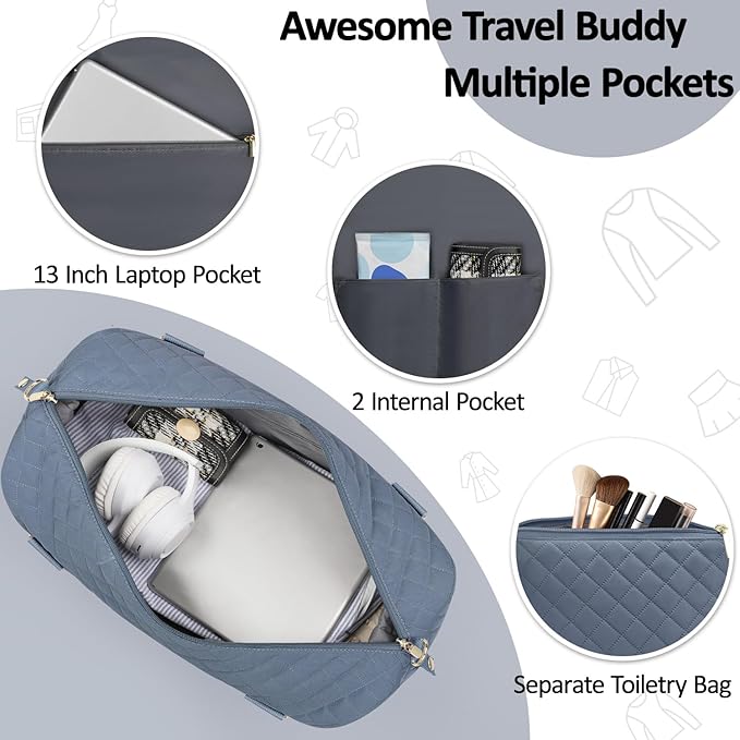 Quilted Travel Duffle Bag for Travel Women with Toiletry Bag, Large Weekender Bags for Women Carry on Duffel Overnight Bag, Waterproof Travel Tote Bags for Sports, Weekender, Business, Blue