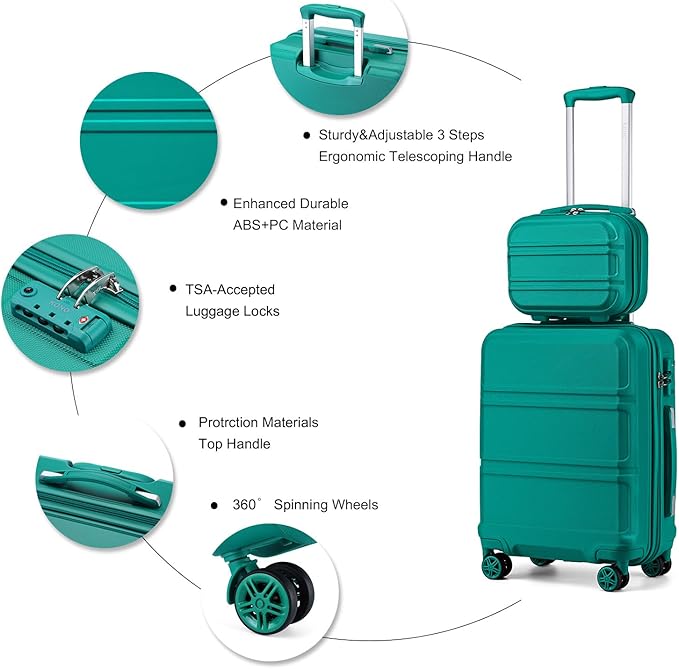 Kono Carry On Luggage Set Airline Approved Lightweight PC+ABS Carry On Suitcase with TSA Lock Spinner Wheels Durable Luggage Hardside Teal