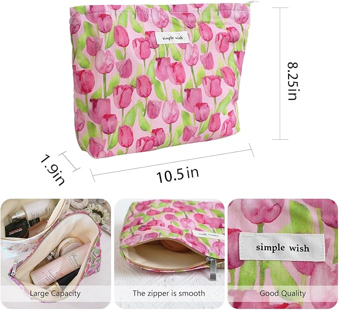 Wudygir Floral Makeup Bag for Women Travel Toiletry Bag Large Capacity Cosmetic Pouch with Zipper Cute Makeup Organizer Portable Handbag (Tulips)