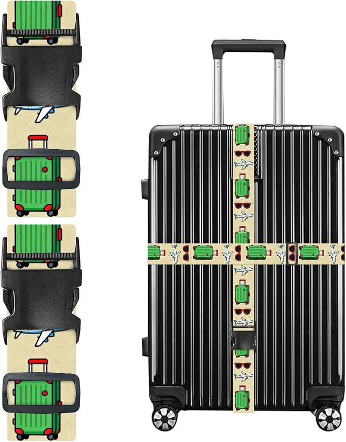 Nuxovilar Luggage Straps of 2 Set Sunglasses Airplane Suitcase Pattern, 1.96x90.5 inches - Luggage Straps for Suitcases, Perfect for Travel, Business Trips, Vacation