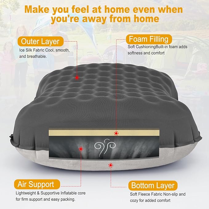 Camping Pillow with Ice Silk Memory Foam Cover - Ultralight Inflatable Pillow for Camping Lightweight, Ergonomic and Washable for Camping, Hiking, and Travel Gray
