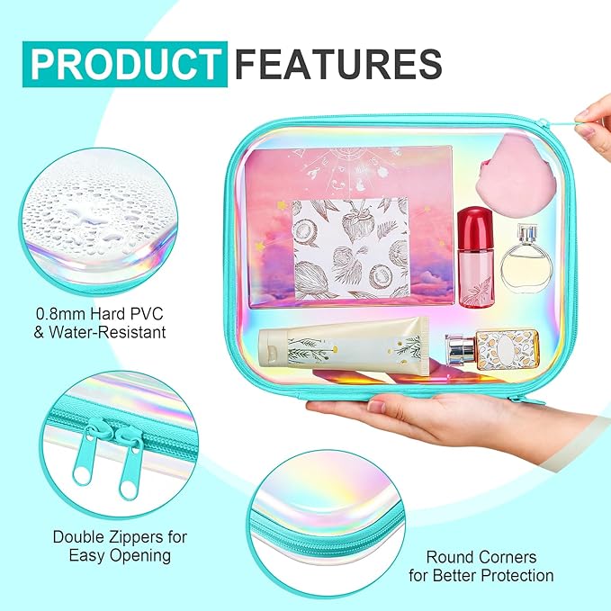 Sanwuta 6 Pcs Clear Hard Zipper Case Plastic Zipper Pouches Transparent Makeup Bag Pencil Case Pouches Toiletry Diaper Bag for Travel Toy Storage Organizer Bins(Holographic,9.84 x 7.87 x 2 Inch)