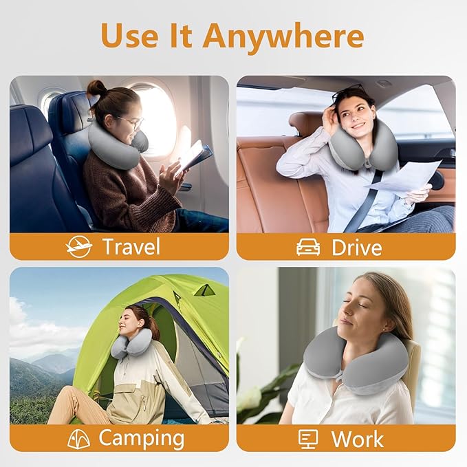 Travel Pillow, Memory Foam Neck Pillow for Traveling Winter Summer, U Shape Neck Pillow Airplane Portable Flight Pillow Adult Travel Neck Pillow for Plane Train Car Home Office - Grey