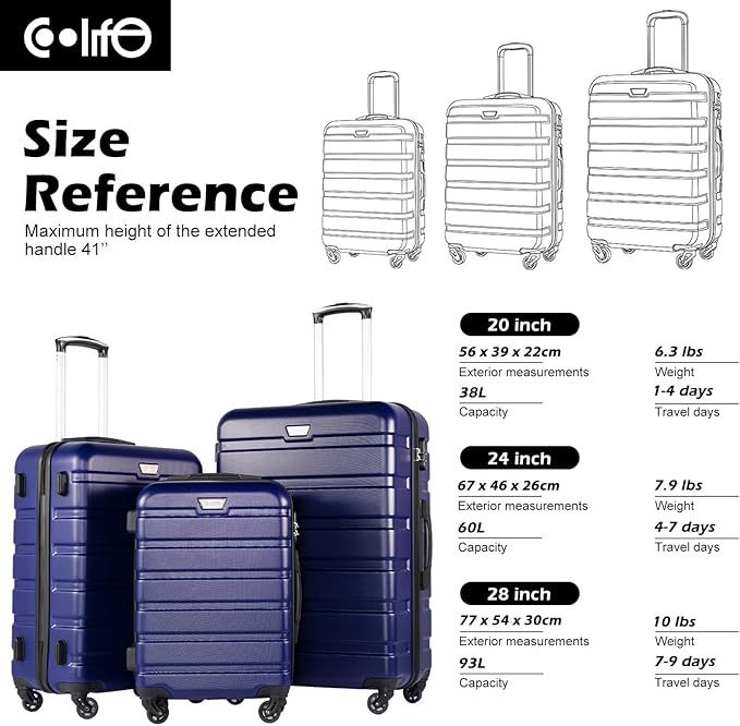 Coolife Luggage 3 Piece Set, Lightweight Durable Hardshell Suitcase set with 360° Spinner Wheels, TSA-approved Lock, Checked Family Travel Luggage sets, 20/24/28 Inch, Navy