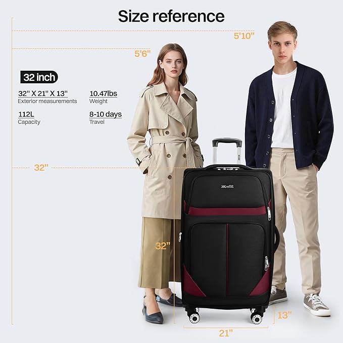 32'' Large Softside Suitcase,Expandable 15% Luggage,with Double Spinner Wheels and LOCK,Lightweight Travel Suitcase for Men/Women（Black-Burgundy,32in）