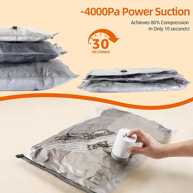 Vacuum Storage Bags For Clothes With Rechargeable Air Pump, 9 Pack Compression Packing Bags For Luggage, Space Saver Bags For Travel, Carry-On Size Vacuum Seal Bags For Dorm & Small Space Storage