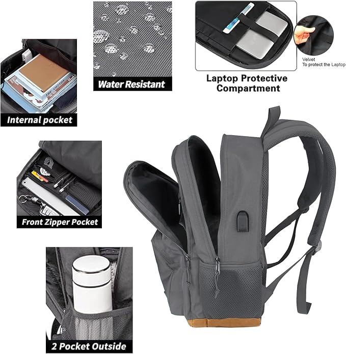 KEOFID classic carry-on travel backpack for men and women, Anti theft laptop backpack with USB charging port, work backpack, backpack for college, water resistent(Grey 19inches)