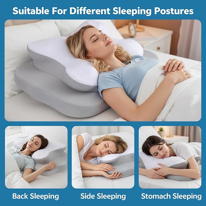 Talc-Free Cervical Memory Foam Pillow for Neck and Shoulder, Butterfly-Shaped Ergonomic Breathable Pillow for Side Back Stomach Sleepers with Pillowcase, Skin-Friendly Fabric