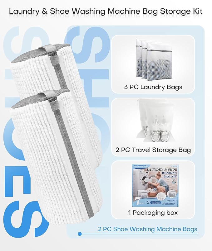 3-IN-1 Laundry & Shoe Washing Machine Bag Kit : Laundry Shoe Bag for Washer and Dryer,Reusable Shoe Cleaning Bag for Sneakers,Tennis,Self-locking Zipper & Microfiber,Include 3 Laundry Bag & 2 Shoe Bag