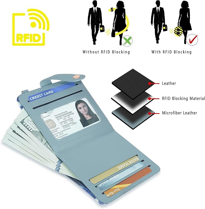 Airkit Small Wallets Woman RFID Blocking Leather Credit Card Holder - with ID Window - Card Wallets for Women - with Zipper Coin Purse - Keychain Wallet