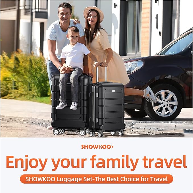 SHOWKOO Luggage Sets Expandable 100% PC Durable Suitcase Double Wheels TSA Lock Black