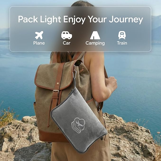 Travel Blanket, Soft 2-in-1 Airplane Blanket, 65x40 Inches, Travel Essentials Car Blanket with Luggage Sleeve & Backpack Clip (Light Grey)