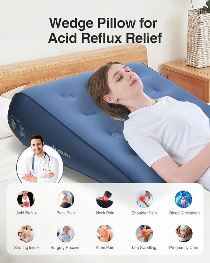Luxtude Inflatable Wedge Pillow for Sleeping, Travel Wedge Pillow for Acid Reflux Relief, Sleep Apnea, Adjustable Bed Wedges Pillows for Back Pain Relief, Post-Surgery, Snoring and Leg Support