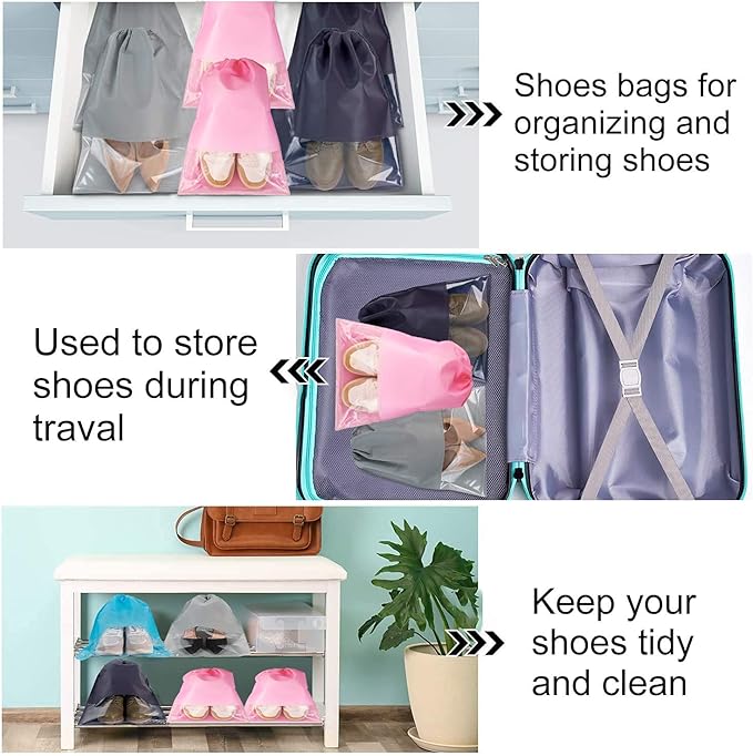 6 Pcs Travel Shoe Bags, ULIFEMALL Large Non-Woven Drawstring Shoes Storage Bag with Transparent Slot Clear Window Portable Waterproof Dustproof Shoes Pouch Packing Organizer for Men Women, Pink
