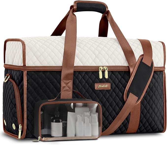 Weekender Travel Duffle Bag for Women: Overnight Bags with Shoe Compartment Carry on Bags for Airplanes with Toiletry Bag Weekend Yoga Gym Bag with Wet Pocket Black White Brown