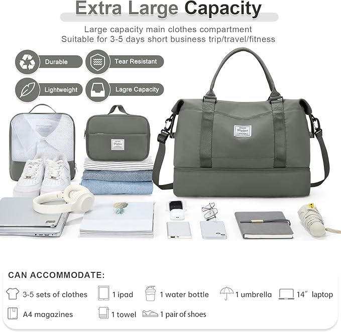 Large Weekender Bags for Women, Travel Duffel Bags with Shoe Compartment,Personal Item Travel Carry on Overnight bag for women Travel 3PCS,Olive Green