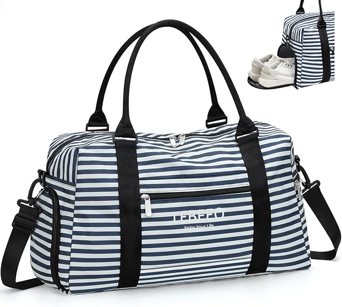 Travel Duffle Bag for Women Large Weekender Overnight Bags Gym Bag with Shoe Compartment Waterproof Hospital Bag Carry On Tote Bag for Airplanes,Blue Stripe
