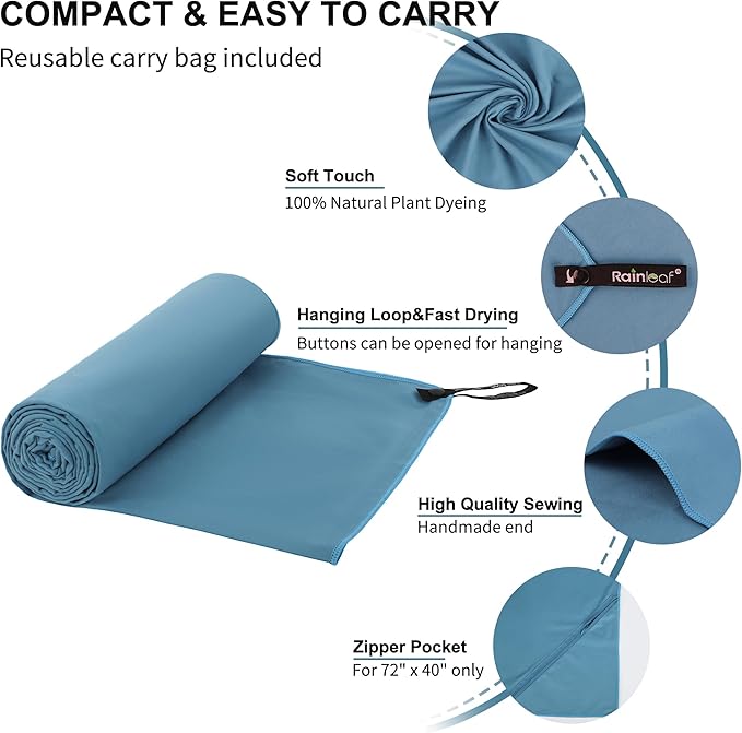 Rainleaf Microfiber Towel Perfect Travel & Gym & Camping Towel. Quick Dry - Super Absorbent - Ultra Compact - Lightweight. Suitable for Trip, Beach, Shower, Backpacking, Pool