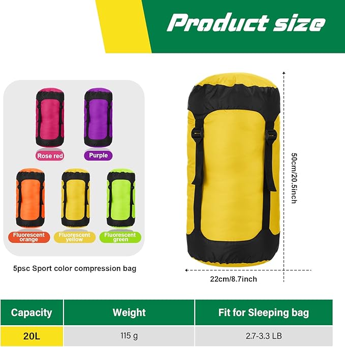 5 Pcs Compression Sacks for Backpacking 20L Camping Sleeping Bag Stuff Sacks for Backpacking Water Resistant Sleeping Bag Storage Sack for Space Saving Hiking Gear
