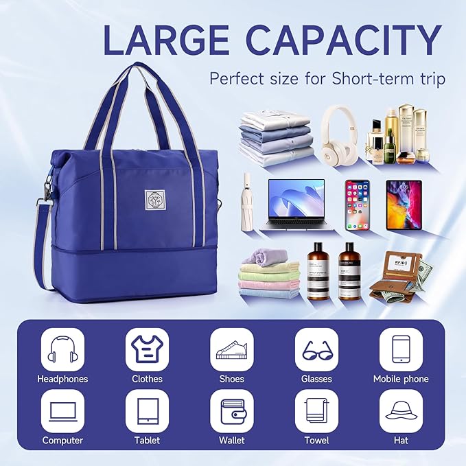 WALNEW Travel Duffel Bag, Weekender Overnight Carry On Bag for Women Men, Foldable Waterproof Gym Luggage Duffle Bag with Metal Buckle Detachable Shoulder Strap and Wet Compartment (Klein Blue)