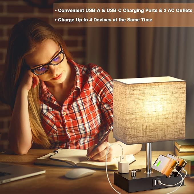 Beige Table Lamp for Bedroom - Stepless Dimmable, USB C+A, 2 AC Outlets | Dimming By Rotary Knob, USB C+A Ports, 2 Phone Stands, LED Bulbs Included, Rectangle Beige Lampshade, for Living Room, Desk