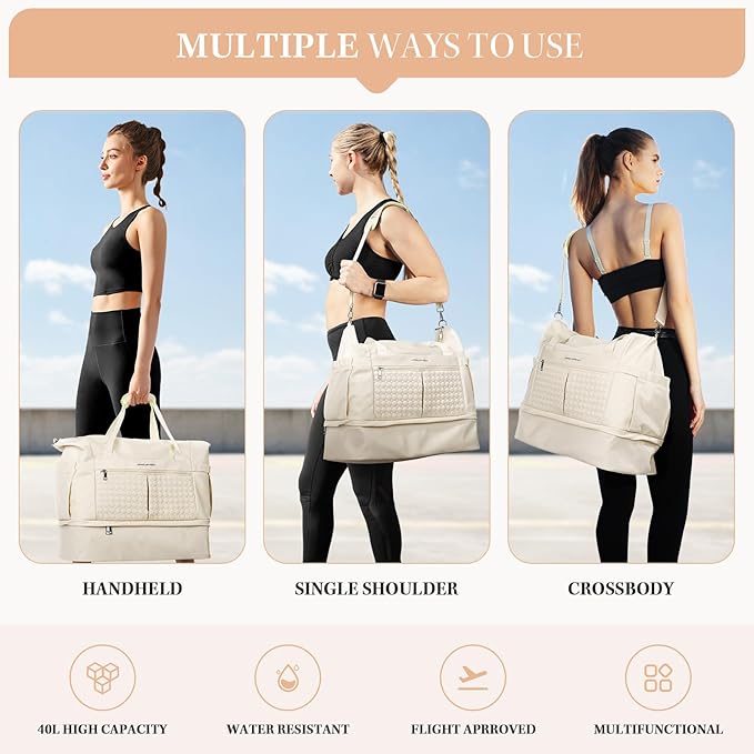 Maelstrom Gym Bag for Women,40L Travel Duffel Bag with Shoes Compartment and Wet Pocket,Waterproof Carry On Weekender Bag,Sport Gym Tote Bags Swimming Yoga, Hospital Holdalls（Beige)