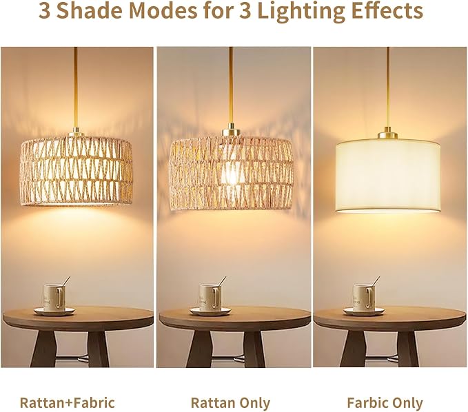 Plug in Pendant Light Rattan Hanging Lights with Plug in Cord | Woven & Fabric 2 in 1 LampShade, Hanging Lamp Plug in for Bedroom Living Room Kitchen Island (Bulb Included)