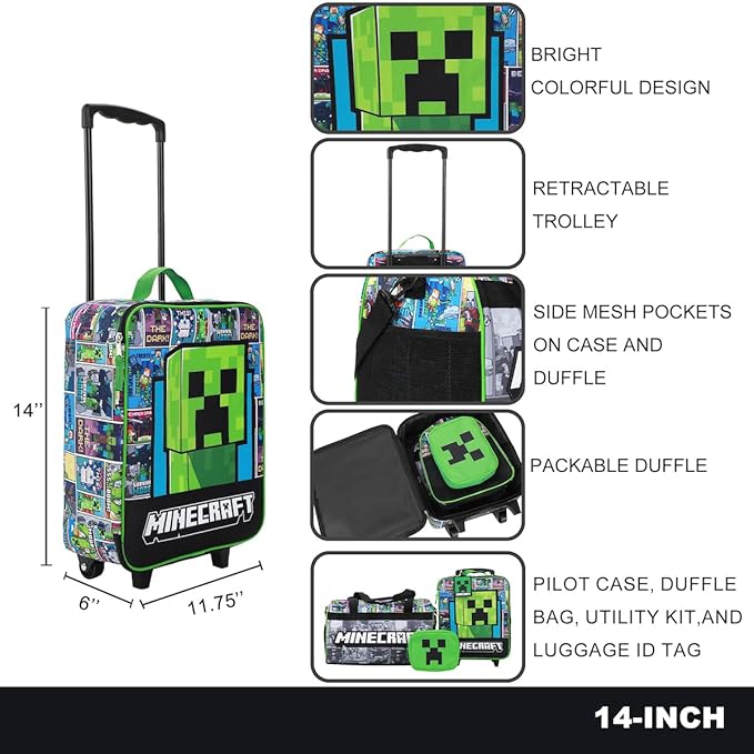 Bioworld Minecraft Creeper Youth 4-Piece Travel Set-14 Carry-on Duffle Bag and Luggage Tag Set