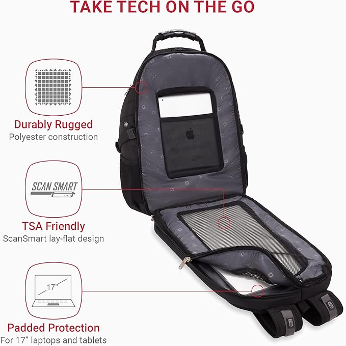 SWISSGEAR 1900 ScanSmart TSA Laptop Backpack Fits 17 Inch Laptop with RFID Protection and Tablet Pocket, Black, 19-Inch