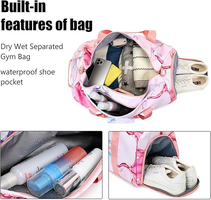 LOIDOU Dance Bag for Girls, Kids Duffle Bag with Shoe Compartment & Dry Wet Pocket, 20L Waterproof Gym Duffle Bags for Women, Ballet Competition & Weekender Overnight Travel Bag, Pink
