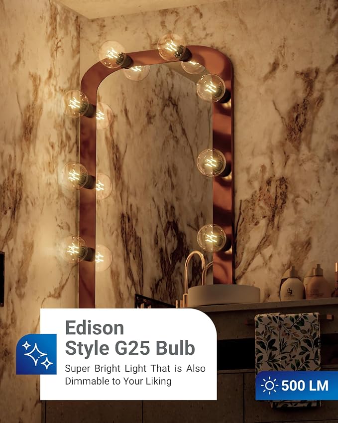Sunco 10 Pack G25 LED Light Bulb, Globe, E26, 5W=60W, 3000K Warm White | 500LM, CRI80, Dimmable, Edison Vintage Filament, Medium Base, Lamp, Pendant, Chandelier, Indoor/Outdoor Lighting, Wet Rated