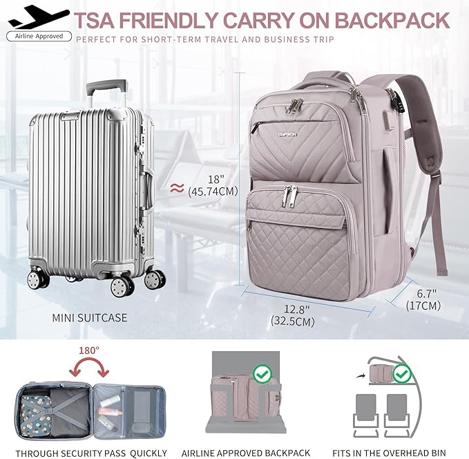 EMPSIGN Carry on Travel Backpack for Women & Men, 17 inch Large TSA Friendly Laptop Backpack with USB Port, Airline Approved Carry On Luggage, Travel Essentials, Weekender Overnight Bags, Grey Pink