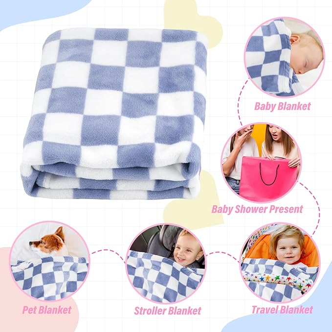Plush Checkered Baby Blanket for Boys Girls Nursery, 30"*40" Warm Short Fleece Blanket Neutral for Infant Newborn, Small Fuzzy for Sleeping, Chenille or Stroller (Dark Blue&White)