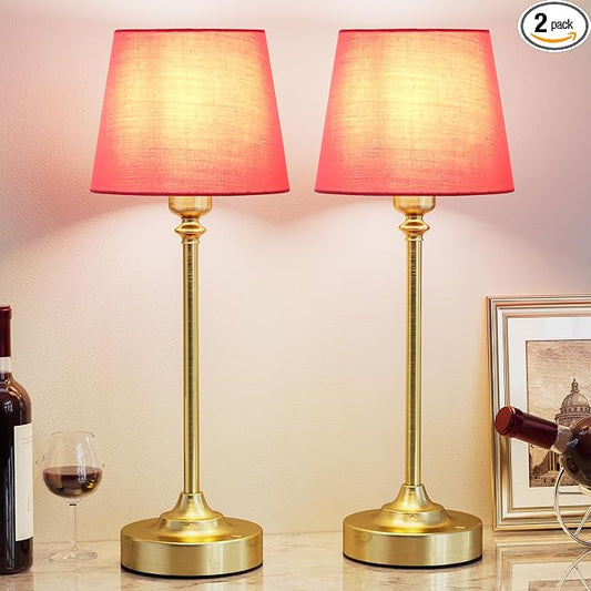 Cordless Table Lamps Rechargeable Set - 2 Pack Brass 4000mAH Battery Operated Lamps for Decor, 3000K Stepless Dimming Touch Control Wireless Lamps for Bedroom, Dining Table, Living Room, Rose Shade