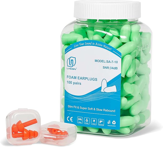 LYSIAN 100 Pairs Slim Foam Ear Plugs for Small Ear Canals Women, 35dB SNR Noise Canceling Sound Blocking Reduction Earplugs for Sleeping, Snoring, Work, Shooting, Studying, Loud Noise