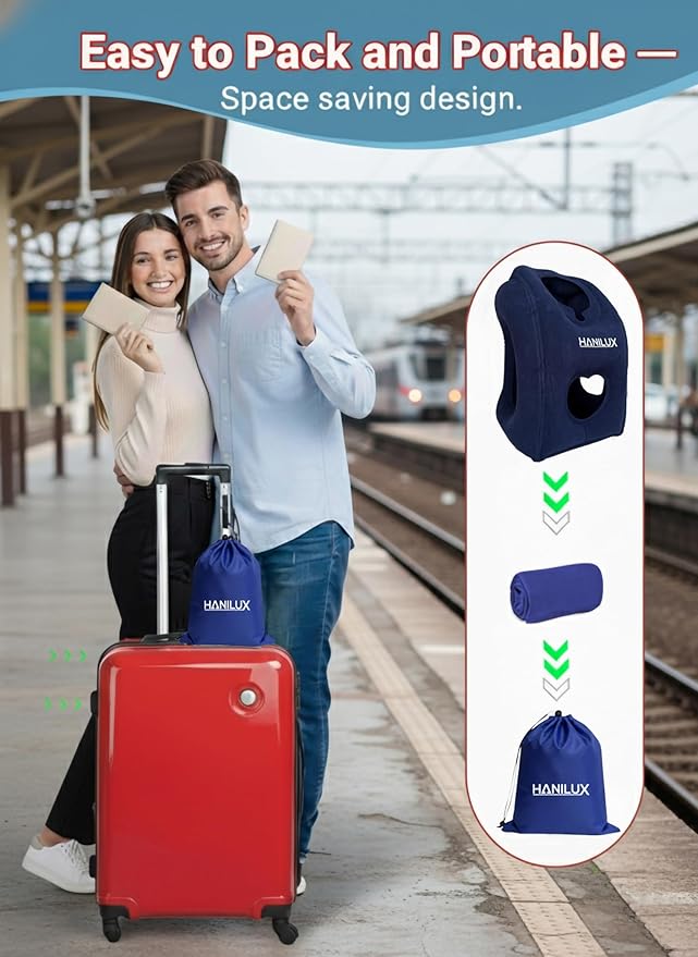 Inflatable Travel Pillows for Airplanes, Blow Up Travel Pillow for Train Office Car with Chin and Neck Support, Travel Pillow for Sleep Support with Eye Mask,Storage Bag & Earplugs (Navy Blue)