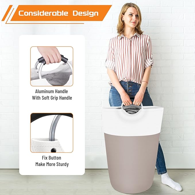 BlissTotes 115L Laundry Basket, Freestanding Laundry Hamper, Collapsible Dirty Clothes Hamper, Waterproof Fabric with Foam Protected Aluminum Handles for College, Dorm, Family (Brown)