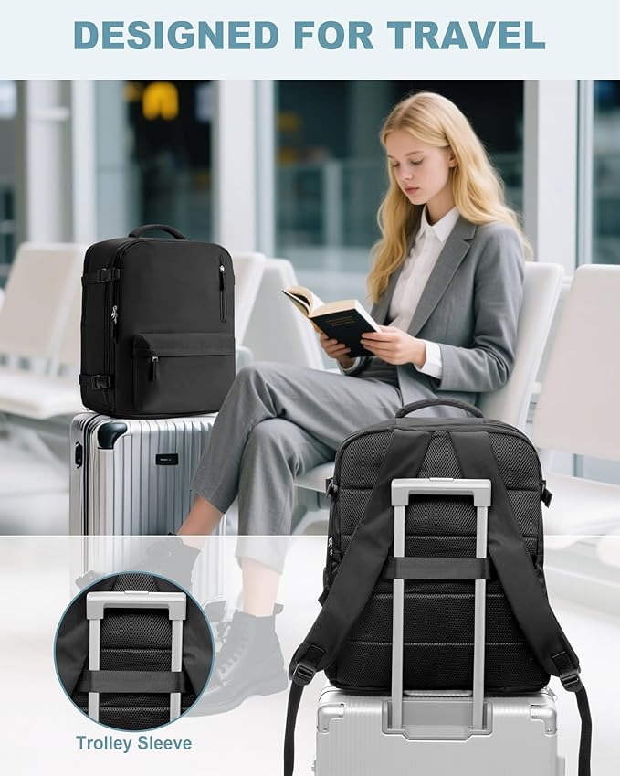 VECAVE Travel Backpack for Women, Airline Flight Approved Carry On Backpacks Waterproof 14 Inch Laptop Backpack with Shoe Compartment Casual Daypack Black