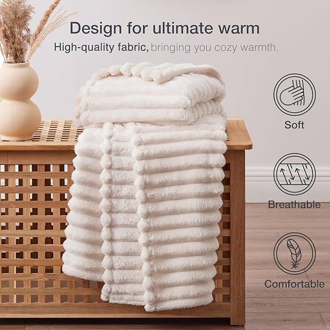 EXQ Home Fleece Throw Blanket for Couch or Bed - 3D Stripe Jacquard Decorative Blankets - Cozy Soft Lightweight Fuzzy Flannel Blanket Suitable for All Seasons(50"×60",Beige)