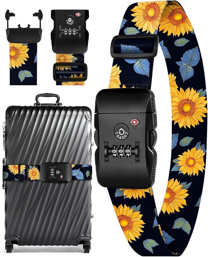 Slohif Luggage Straps TSA Lock for Suitcases - Travel Belt TSA Approved Accessories Luggage Identifiers Carry On Bag with Buckle Nylon Adjustable Band for Add a Bag Sunflower