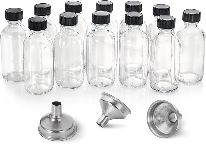AOZITA 12 Pack, 2 oz Small Clear Glass Bottles w/Lid & 3 Funnels - 60ml Boston Shot Bottles for Health, Immunity, Potion, Wellness, Sample, Ginger, Juice - Mini Personal Care & Beauty Travel Bottle