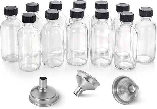 AOZITA 12 Pack, 2 oz Small Clear Glass Bottles w/Lid & 3 Funnels - 60ml Boston Shot Bottles for Health, Immunity, Potion, Wellness, Sample, Ginger, Juice - Mini Personal Care & Beauty Travel Bottle