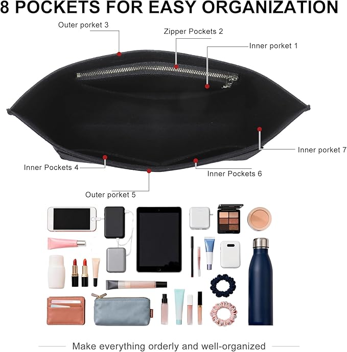 Doxo Felt Purse Organizer Insert for Longchamp Le Pliage M Totes, Longchamp Orgainzer Insert Meduim with 7 Compartments & YKK Zipper | Fits Long Champ Meidum Top Handle Tote Bag (SM, Black)