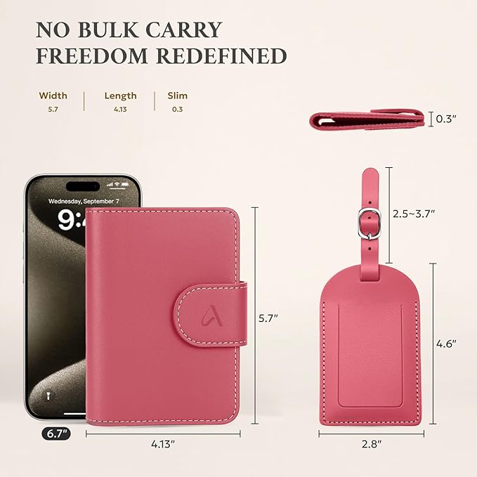 ALLIVE Rfid Passport Holder for Travel Women, Rfid Passport Cover Wallet, Genuine Leather Passport Holder for Travel with AirTag Hidden, Gift Set with Luggage Tag in Premium Gift Box (Rose Pink)