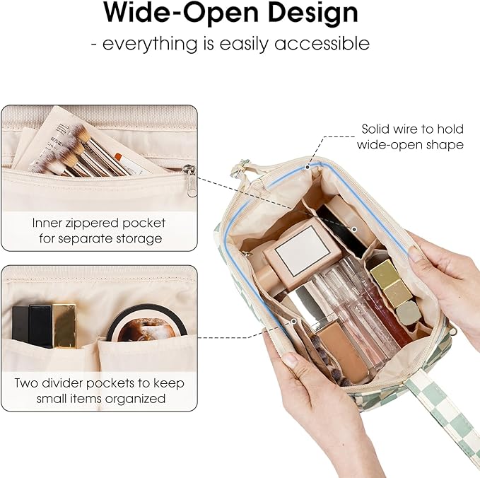 Narwey Makeup Bag Women Girls, Travel Toiletry Bag for Women Cosmetic Bag Organizer Make up Bag with Compartments Toiletries Medicine Bag (Mint Green Checkerboard)