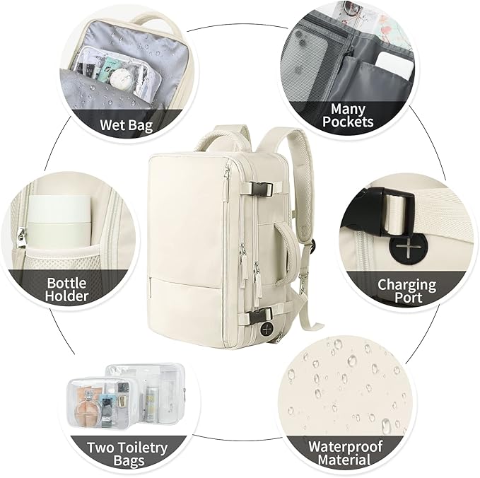 Hanples Travel Backpack for Women Men Large Carry On Person Item Flight Approved 17 In Laptop Backpack Waterproof anti theft Casual Luggage with 2 Toiletry Bag(Beige)