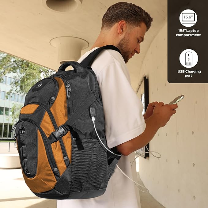 Swissdigital Design Laptop Backpack with USB Charging Port, Travel Backpack Fits 15.6 inches Computer, 31L College School Backpack for Men, Orange/Black | SD803-66