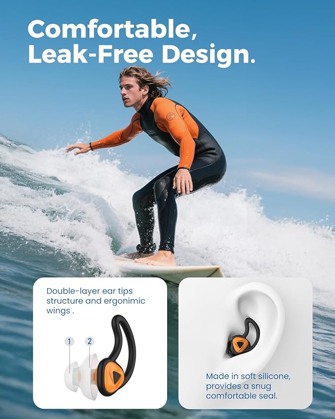 Ear Plugs for Swimming–2 Pairs Soft Silicone Reusable Waterproof Earplugs for Adults & Men Women, Custom Fit for Swimmers Ear, Pool, Beach, Snorkeling, Surfing, Kickboard Training(Orange)
