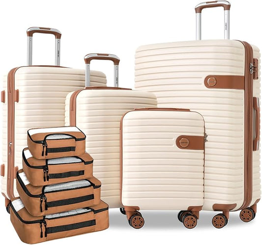 Merax Hardshell Luggage Sets 4 piece Lightweight Durable Suitcases With Wheels TSA Lock Expandable (only 24”/28”) ABS Large Travel Luggage Set (Cream)